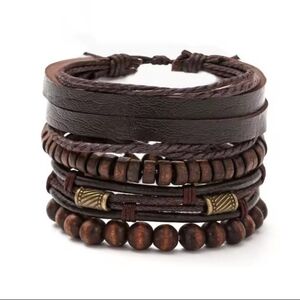 Men's Leather Bracelet Set Layered Braided Beaded Brown New f71